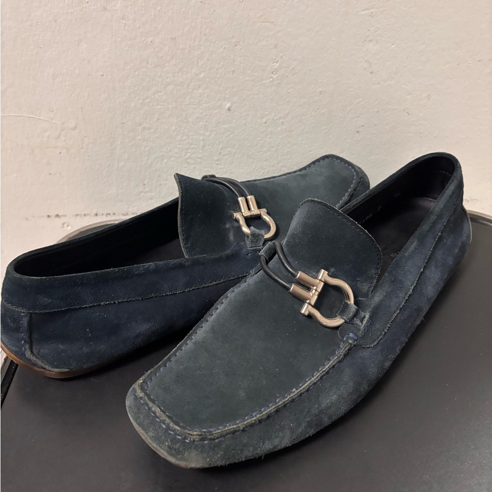 Salvatore Ferragamo Grandioso Navy Blue Nero Pebble Calf Dress Shoes Size 9.5